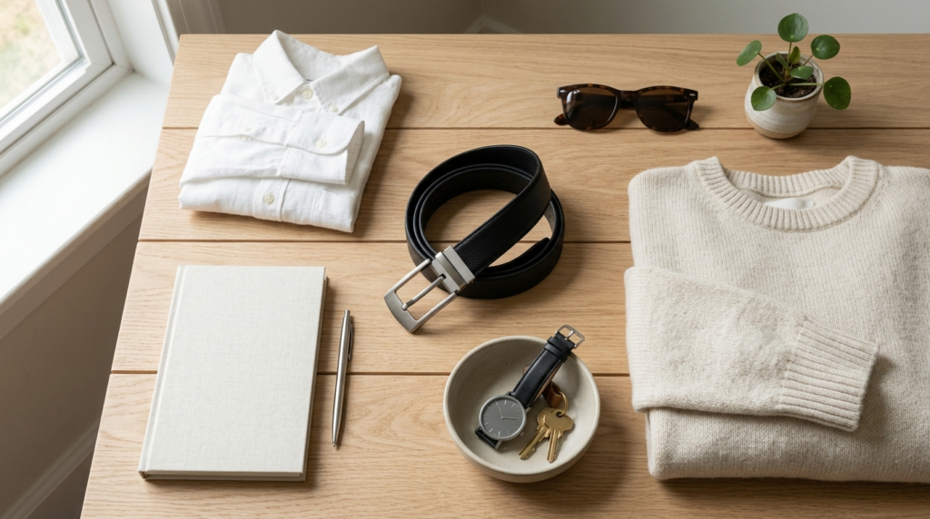 Flat lay overhead photography of a curated minimalist lifest