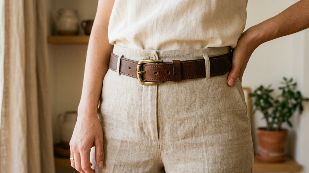 Close-up detail shot of a womans waist wearing tailored neu